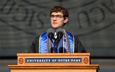 Valedictorian Martin Soros gives the valedictory address at the University of Notre Dame 2026 Commencement ceremony in Notre Dame Stadium.