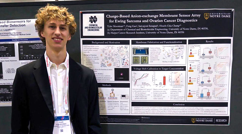 Young man wearing a suit and conference badge stands beside a research poster titled “Charge-Based Anion-exchange Membrane Sensor Array for Ewing Sarcoma and Ovarian Cancer Diagnostics” at a scientific poster presentation.