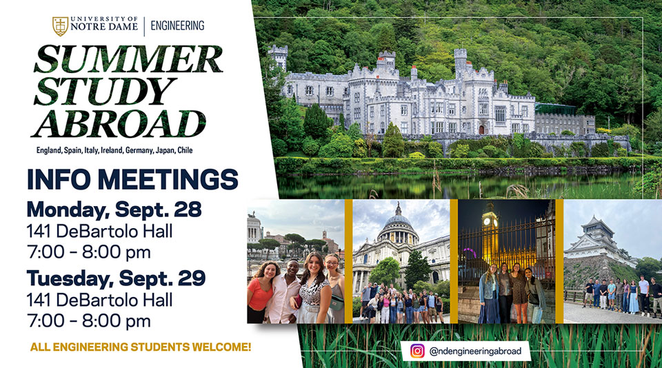 Summer Study Abroad information meeting graphic for Notre Dame Engineering.