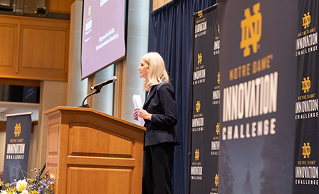Patricia Culligan, dean of the College of Engineering, addresses students during the Notre Dame Innovation Challenge kickoff event.