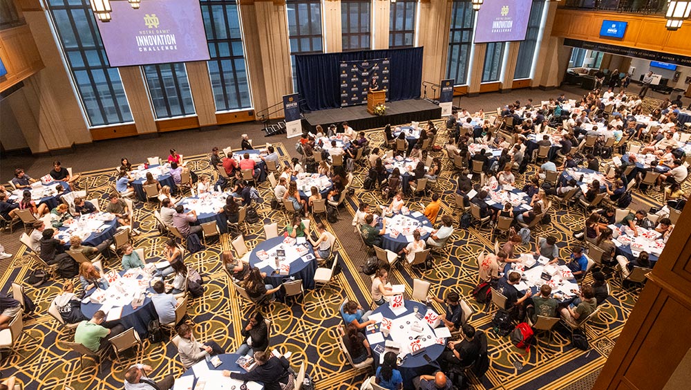 Students gather in the Dahnke Family Ballroom for the kickoff of the Notre Dame Innovation Challenge.
